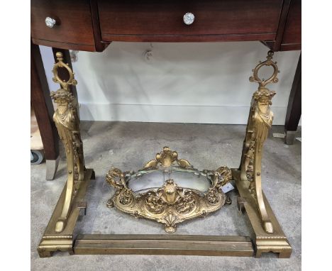 A PAIR OF LATE 19TH CENTURY BRASS ANDIRONS AND A BRONZE PLANTER. the andirons ornately cast with figural fronts, 60cm high, 1