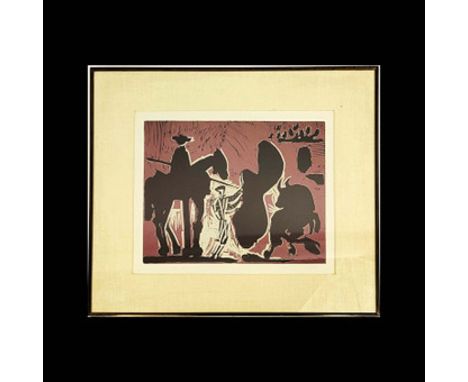 PABLO PICASSO. AVANT LA PIQUE. (d) Linocut in black, brown and tan 27cm x 33cm, framed, published by Editions D'Art 1962, fra