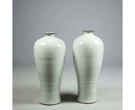 CHINESE CELADON STYLE FLOOR STANDING VASES, A NEAR PAIR. ceramic, 93cm H at tallest approx. (2).