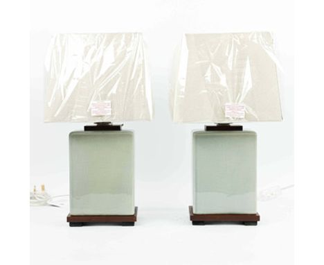 LAUREN RALPH LAUREN HOME TABLE LAMPS, A PAIR, GREY GLAZED CERAMIC. with shades, 42cm H approx. (2).