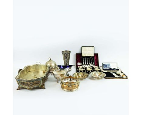 A COLLECTION OF SILVER AND PLATE. (QTY). comprising a pair of Mappin and Webb plated bon bon dishes, a large grapevine flower