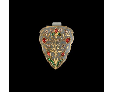 19th-20th century AD. A Mughal leaf-shaped jade pendant with rectangular suspension loop to the top, inlaid with gold floral 
