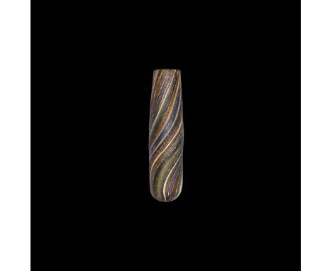 1st century BC-2nd century AD. A glass alabastron, tubular shape with flat rim and rounded base; multicoloured striped mosaic