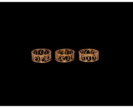 3rd century AD. A gold finger ring with openwork beaded wire hoop, annulets with letters to the centre reading 'LEGIIIFF' for