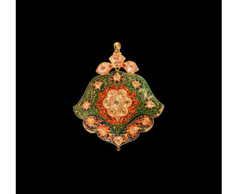 19th-early 20th century AD. A Jaipur hollow-formed gold pendant comprising: reverse with a peacock executed in blue, green an
