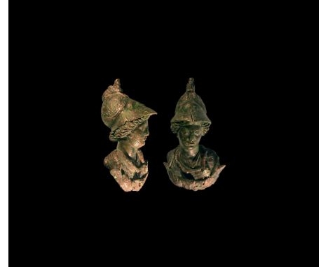 1st-2nd century AD. A good quality copper-alloy bust of Minerva (Greek Athena) wearing aegis clasped to the left breast with 