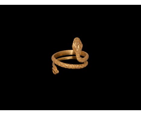 Roman Period, 30 BC-323 AD. A gold ring in the form of a coiled snake, engraved details to the head and body, tail bent round