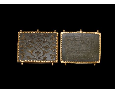 16th-17th century AD. A rectangular jade plaque with gold mounted, dentilled frame to both flat faces and loops above, scroll