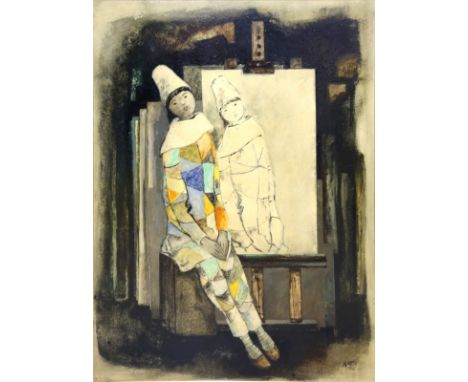Study of a harlequin seated beside an easel, oil on board, signed 'AMEN' and dated 1968 to lower right, framed, 106cm x 77cm.