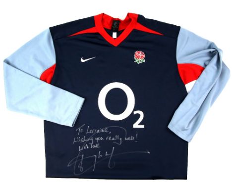Rugby - England match worn shirt signed by Johnny Wilkinson with dedication. JPW initials lower left and kit man code on tag.