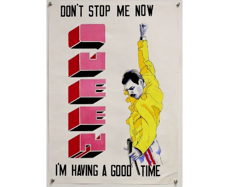 Queen - Don't Stop Me Now - Original hand painted artwork by John Judkins, signed and dated '77, sheet approximately 29 x 20.