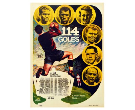 Original vintage sport film poster for 114 Goals in 33 Cups featuring an illustration of a goalkeeper catching the ball, a fo