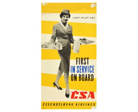 Original vintage travel advertising poster issued by CSA Czechoslovak Airlines - First in Service On Board First In Jet Age -