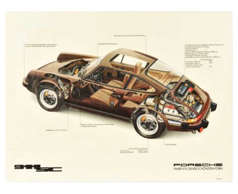 Original vintage car dealership advertising poster - Porsche 911 SC - featuring a cut out design showing the exterior and int