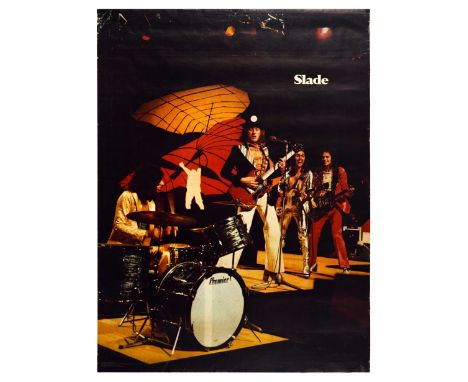 Original vintage advertising poster for Slade, featuring the smiling band members playing on stage in extravagant suede and s
