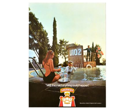 Original vintage drink advertising poster for Smirnoff, the renowned vodka brand founded in Moscow, featuring a photograph of