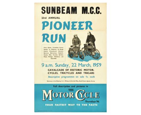 Original vintage sport poster Sunbeam M.C.C. 23rd Annual Pioneer Run that took place 22 March 1959 Cavalcade of Historic Moto