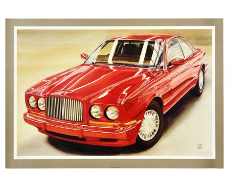 Original vintage advertising poster for Bentley featuring a photograph of a red luxury coupe Continental R automobile with a 