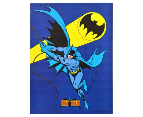 Original vintage DC Comics superhero poster for Batman, featuring a dynamic image of Batman swinging on a rope across the dar