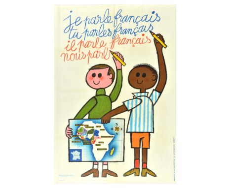 Original vintage propaganda poster promoting French language learning and speaking in Africa featuring an illustration of two