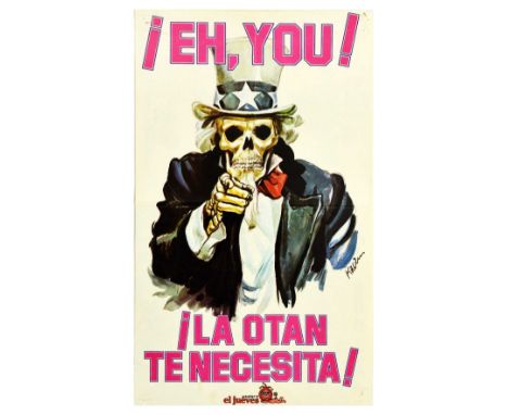 Original vintage double sided poster from El Jueves magazine featuring an illustration of a skeleton in an iconic Uncle Sam o