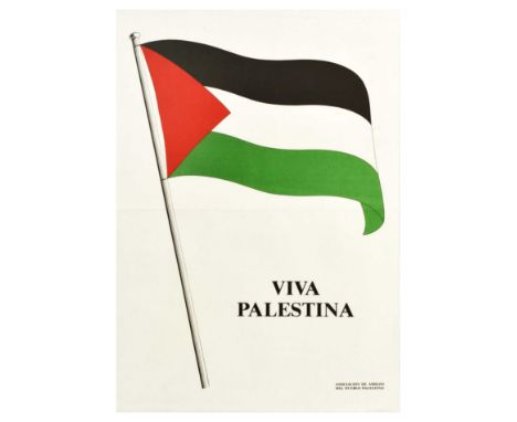 Original vintage propaganda poster Viva Palestina featuring an illustration of the red, black, white, and green Palestinian f