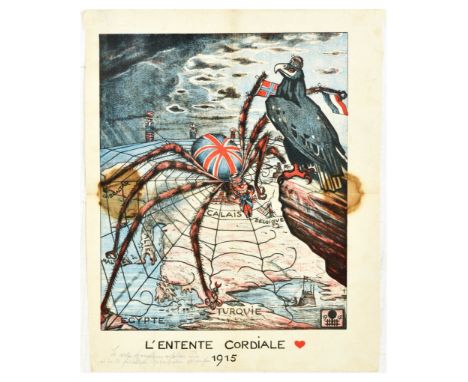 Original antique World War One Anglo-French alliance poster L'Entente Cordiale 1915, featuring a grotesque illustration of a 
