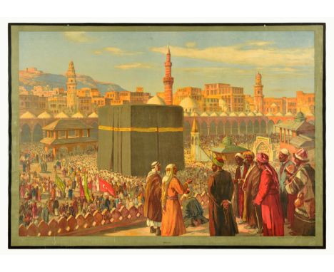 Original antique educational poster Mekka / Mecca featuring an image of people around The Kaaba in Masjid al-Haram Great Mosq