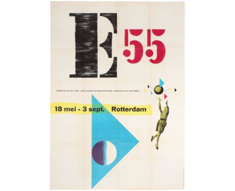 Original vintage Dutch propaganda poster published to promote the E55 event held in Rotterdam from 18 May to 3 September 1955