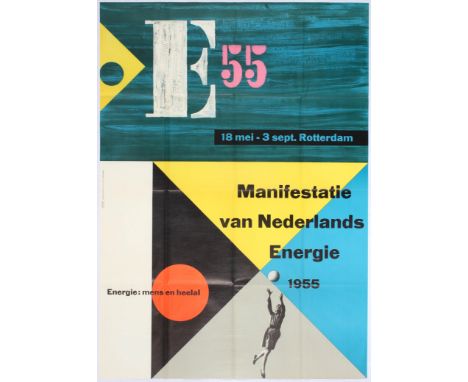 Original vintage Dutch propaganda poster published to promote the E55 event held in Rotterdam from 18 May to 3  1955. Fantast