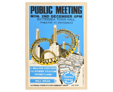 Original vintage propaganda poster calling for a public meeting Monday 2 December 8 PM at Battersea Town Hall, featuring an i