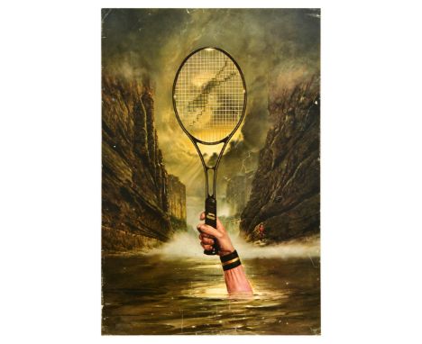 Original vintage sport advertising poster for Slazenger tennis rackets - Artwork by British Illustrator Les Edwards (b.1949) 