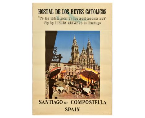 Original vintage travel advertising poster for Santiago of Compostella in Spain - Hostal de los Reyes Catolicos - The oldest 