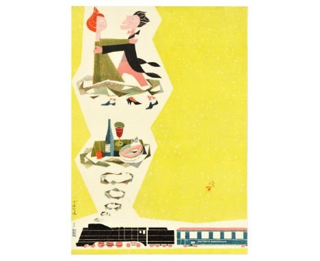 Original vintage travel advertising poster issued by DB Deutsche Bundesbahn railway featuring a colourful and fun illustratio