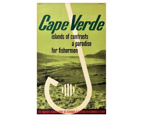 Original vintage travel poster for Cape Verde featuring a black and white aerial photograph of the city coastline and the por