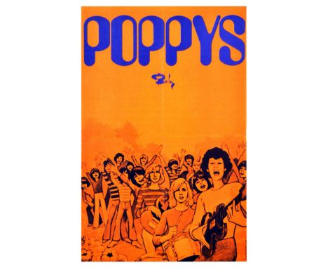 Original vintage advertising poster for Poppys, featuring an illustration of boys and girls holding guitars and drums smiling