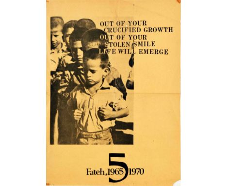 Original vintage propaganda poster issued by FATAH Palestinian National Liberation Movement, featuring an image of little boy