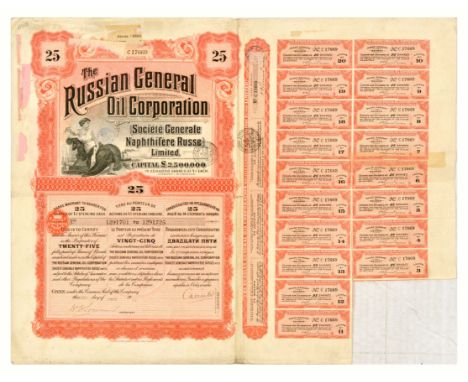 Original antique poster for The Russian General Oil Corporation / Societe Generale Naphthifere Russe featuring share certific
