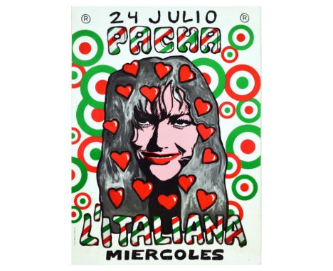 Set of 3 original vintage advertising postersissued by the nightclub Pacha in Ibiza, Spain.  1. 24 Julio Pacha l'Italiana Mie