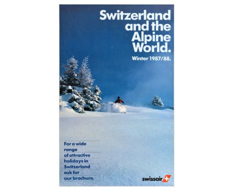 Original vintage travel and winter sport poster by Swissair - Switzerland and the Alpine World Winter 1987/88 - featuring a d