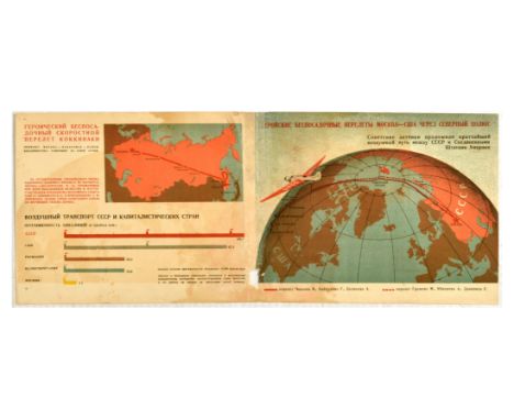 Original vintage Soviet propaganda poster commemorating the heroic non-stop long-distance flight on the route Moscow-Vladivos