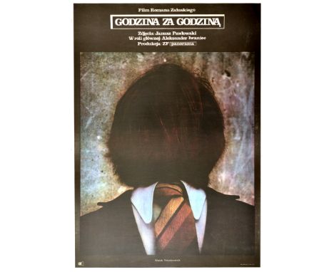 Original vintage movie poster for a Polish film Godzina za godzina. Image of a man in a suit and a tie with hos head twisted 