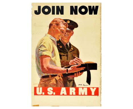 Original vintage propaganda recruitment poster for the U.S. Army - Join Now - Design features a soldier in uniform helping a 