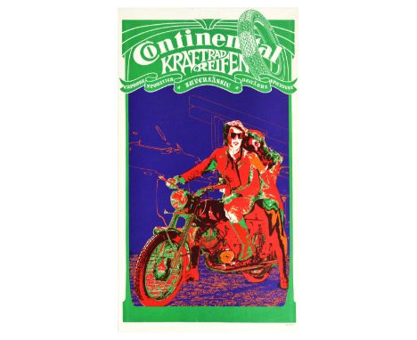 Original vintage advertising poster for Continental Kraftrad Reifen motorcycle tyres featuring a psychedelic illustration in 