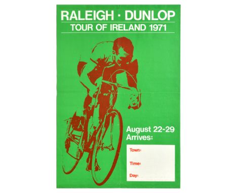Original vintage sport poster for Raleigh Dunlop Tour of Ireland 1971 featuring an image of a cyclist in red going at speed s