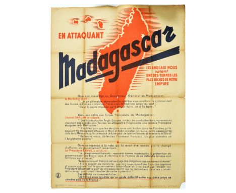 Original vintage anti-British World War Two propaganda poster issued in Nazi occupied France. The image depicts the map of Ma
