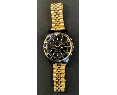 An Acurrist black and gold chronograph wristwatch, fixed bezel, black dial, raised white baton markers, gold Roman numerals t