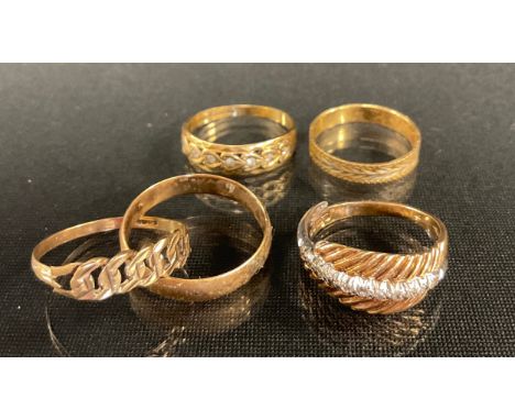 Rings - a 9ct gold cz dress ring, others wedding band, two tone ring etc, 9.4g gross (5) 