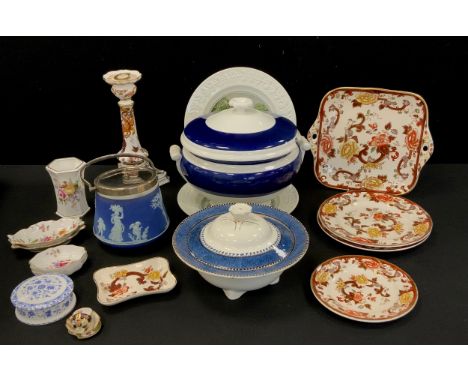 A Royal Crown Derby 'Old Avesbury' candlestick, 27cm high, 'Derby Posie' trinket trays and other; Mason's Ironstone 'Brown Ve