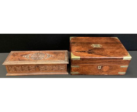 A Victorian brass bound rosewood jewellery box;  carved oak glove box (2) 